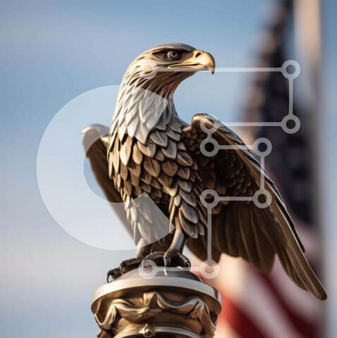 Intra Συλλεκτικό Ξύλινο Παζλ Plywood  4mm - Γλυπτό αετού με φόντο την αμερικανική σημαία Σε Ξύλινο Κουτί - Διαστάσεις Puzzle: 10x10 cm – 25 κομμάτια - Image 1