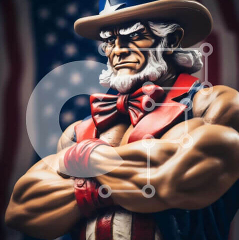 Intra Συλλεκτικό Ξύλινο Παζλ Plywood  4mm - Αμερικανικό άγαλμα θείου με τα χέρια σταυρωμένα μπροστά από τη σημαία των ΗΠΑ Σε Ξύλινο Κουτί - Διαστάσεις Puzzle: 10x10 cm – 25 κομμάτια - Image 1