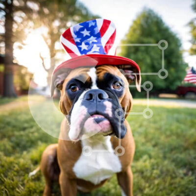 Intra Συλλεκτικό Ξύλινο Παζλ Plywood  4mm - Σκύλος μπόξερ με καπέλο αμερικανικής σημαίας Σε Ξύλινο Κουτί - Διαστάσεις: 10x10 cm – 25 κομμάτια - Image 1