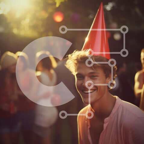 Intra Συλλεκτικό Ξύλινο Παζλ Plywood 4mm - Νεαρός άνδρας που χαμογελά σε εξωτερικούς χώρους με το καπέλο για πάρτι Σε Ξύλινο Κουτί - Διαστάσεις Puzzle: 10x10 cm – 25 κομμάτια - Image 1