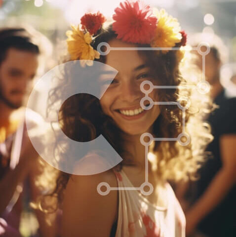 Intra Συλλεκτικό Ξύλινο Παζλ Plywood  4mm - Νεαρή γυναίκα με λουλούδια στα μαλλιά σε υπαίθρια εκδήλωση Σε Ξύλινο Κουτί - Διαστάσεις Puzzle: 10x10 cm – 25 κομμάτια - Image 1