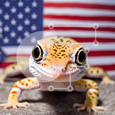 Intra Συλλεκτικό Ξύλινο Παζλ Plywood  4mm - Περίεργος γκέκο με φόντο αμερικανικής σημαίας Σε Ξύλινο Κουτί - Διαστάσεις: 10x10 cm – 25 κομμάτια - Image 1
