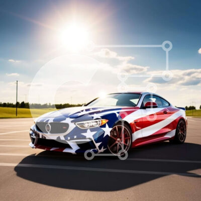 Intra Συλλεκτικό Ξύλινο Παζλ Plywood  4mm - Κόκκινο, λευκό και μπλε σπορ αυτοκίνητο BMW με αμερικανική σημαία Σε Ξύλινο Κουτί - Διαστάσεις Puzzle: 10x10 cm – 25 κομμάτια - Image 1