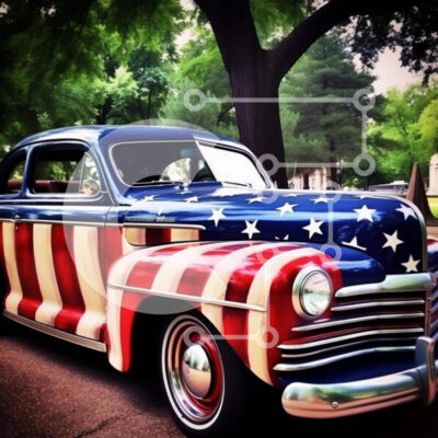 Intra Συλλεκτικό Ξύλινο Παζλ Plywood  4mm - Vintage αυτοκίνητο με μοτίβο αμερικανικής σημαίας Σε Ξύλινο Κουτί - Διαστάσεις Puzzle: 10x10 cm – 25 κομμάτια - Image 1