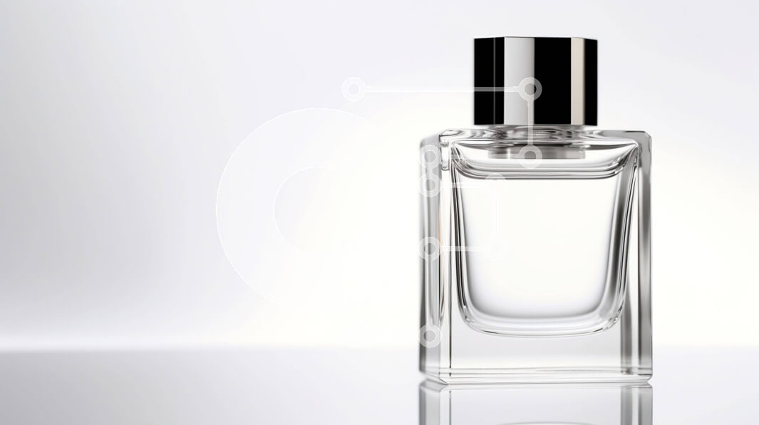 Intra Συλλεκτικό Ξύλινο Παζλ Plywood  4mm - Διαφανές γυάλινο μπουκάλι αρώματος σε κομψή ασημί επιφάνεια Σε Ξύλινο Κουτί - Διαστάσεις Puzzle: 10x10 cm – 25 κομμάτια