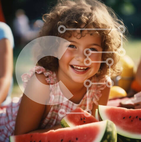 Intra Συλλεκτικό Ξύλινο Παζλ Plywood  4mm - Νεαρό κορίτσι που απολαμβάνει τις φέτες καρπούζι σε εξωτερικούς χώρους Σε Ξύλινο Κουτί - Διαστάσεις Puzzle: 10x10 cm – 25 κομμάτια - Image 1