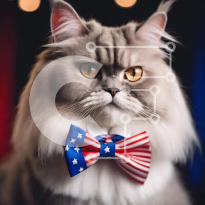 Intra Συλλεκτικό Ξύλινο Παζλ Plywood 4mm - Περίεργη γκρίζα γάτα με παπιγιόν με αμερικανική σημαία Σε Ξύλινο Κουτί - Διαστάσεις: 10x10 cm – 25 κομμάτια - Image 1