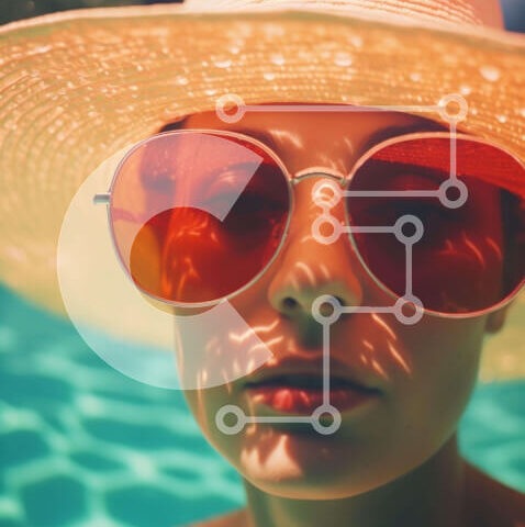 Intra Συλλεκτικό Ξύλινο Παζλ Plywood  4mm - Γυναίκα με πορτοκαλί καπέλο και γυαλιά ηλίου που στέκεται στην πισίνα Σε Ξύλινο Κουτί - Διαστάσεις Puzzle: 10x10 cm – 25 κομμάτια - Image 1