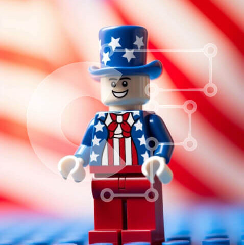 Intra Συλλεκτικό Ξύλινο Παζλ Plywood  4mm - Φιγούρα Lego που γιορτάζει την 4η Ιουλίου σε πολύχρωμα μπλοκ Σε Ξύλινο Κουτί - Διαστάσεις Puzzle: 10x10 cm – 25 κομμάτια - Image 1