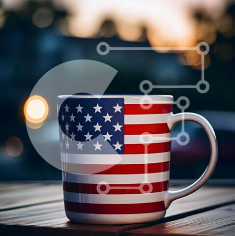 Intra Συλλεκτικό Ξύλινο Παζλ Plywood  4mm - Πατριωτική αμερικανική κούπα καφέ στο ηλιοβασίλεμα Σε Ξύλινο Κουτί - Διαστάσεις Puzzle: 10x10 cm – 25 κομμάτια - Image 1