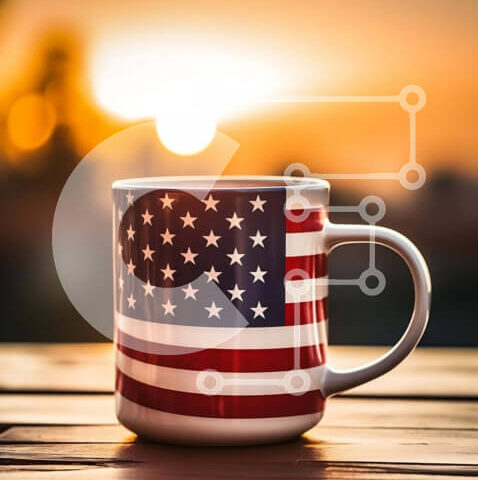 Intra Συλλεκτικό Ξύλινο Παζλ Plywood 4mm - Λευκή κούπα καφέ με μοτίβο αμερικανικής σημαίας στο ηλιοβασίλεμα Σε Ξύλινο Κουτί - Διαστάσεις: 10x10 cm – 25 κομμάτια - Image 1