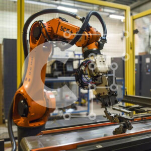 Intra Συλλεκτικό Ξύλινο Παζλ Plywood  4mm - Πορτοκαλί ρομποτικό βραχίονα σε ένα μηχανουργείο Σε Ξύλινο Κουτί - Διαστάσεις Puzzle: 10x10 cm – 25 κομμάτια