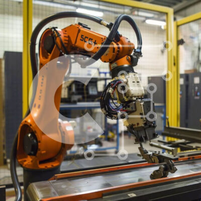 Intra Συλλεκτικό Ξύλινο Παζλ Plywood  4mm - Πορτοκαλί ρομποτικό βραχίονα σε ένα μηχανουργείο Σε Ξύλινο Κουτί - Διαστάσεις Puzzle: 10x10 cm – 25 κομμάτια - Image 1