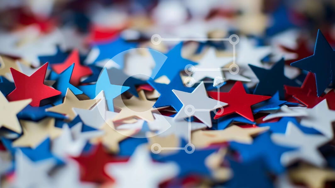 Intra Συλλεκτικό Ξύλινο Παζλ Plywood  4mm - Κόκκινα, λευκά και μπλε χάρτινα αστέρια στο τραπέζι Σε Ξύλινο Κουτί - Διαστάσεις: 10x10 cm – 25 κομμάτια