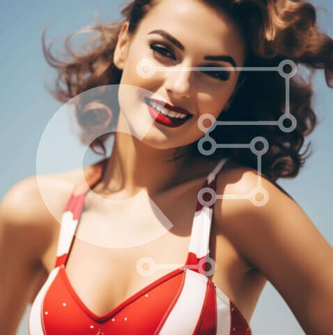 Intra Συλλεκτικό Ξύλινο Παζλ Plywood  4mm - Όμορφη γυναίκα με κόκκινο και άσπρο μπικίνι στην παραλία Σε Ξύλινο Κουτί - Διαστάσεις Puzzle: 10x10 cm – 25 κομμάτια - Image 1