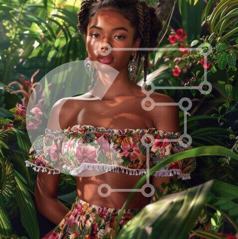 Intra Συλλεκτικό Ξύλινο Παζλ Plywood  4mm - Νεαρή γυναίκα με λουλουδάτο ντύσιμο ανάμεσα σε πλούσιο τροπικό φύλλωμα Σε Ξύλινο Κουτί - Διαστάσεις Puzzle: 10x10 cm – 25 κομμάτια - Image 1