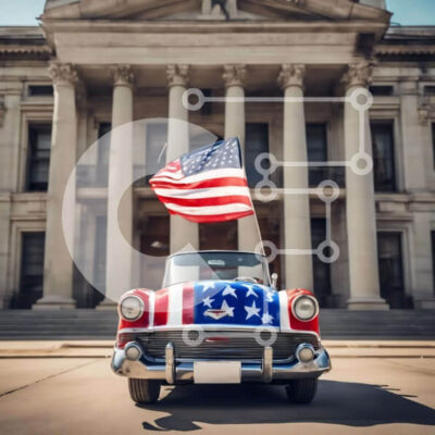 Intra Συλλεκτικό Ξύλινο Παζλ Plywood  4mm - Vintage αμερικανικό αυτοκίνητο με πατριωτική διακόσμηση Σε Ξύλινο Κουτί - Διαστάσεις Puzzle: 10x10 cm – 25 κομμάτια - Image 1