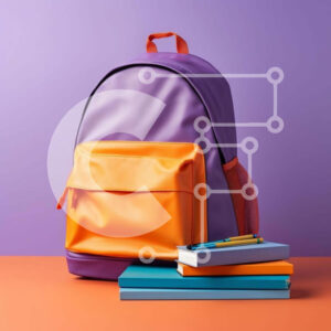 Intra Συλλεκτικό Ξύλινο Παζλ Plywood  4mm - Μωβ σακίδιο πλάτης, μπλε και πορτοκαλί βιβλία και στυλό σε πορτοκαλί φόντο Σε Ξύλινο Κουτί - Διαστάσεις Puzzle: 10x10 cm – 25 κομμάτια