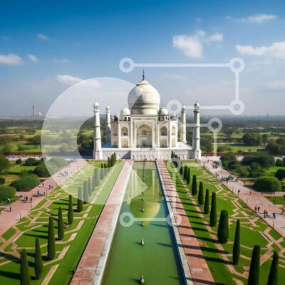 Intra Συλλεκτικό Ξύλινο Παζλ Plywood 4mm - Εναέρια άποψη του Ταζ Μαχάλ στην Άγκρα, Ινδία με επισκέπτες και πράσινο Σε Ξύλινο Κουτί - Διαστάσεις Puzzle: 10x10 cm – 25 κομμάτια - Image 1