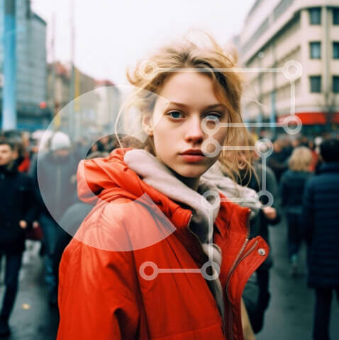 Intra Συλλεκτικό Ξύλινο Παζλ Plywood  4mm - Νεαρή γυναίκα με πορτοκαλί σακάκι στην πολυσύχναστη οδό Σε Ξύλινο Κουτί - Διαστάσεις Puzzle: 10x10 cm – 25 κομμάτια - Image 1