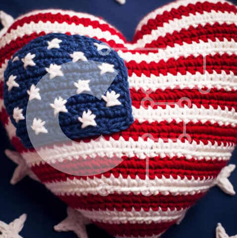 Intra Συλλεκτικό Ξύλινο Παζλ Plywood  4mm - Κουβέρτα με κροσέ σε σχήμα καρδιάς με μοτίβο αμερικανικής σημαίας και αστέρια Σε Ξύλινο Κουτί - Διαστάσεις Puzzle: 10x10 cm – 25 κομμάτια - Image 1