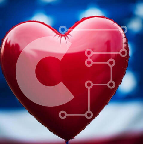 Intra Συλλεκτικό Ξύλινο Παζλ Plywood  4mm - Κόκκινο μπαλόνι σε σχήμα καρδιάς με φόντο αμερικανικής σημαίας Σε Ξύλινο Κουτί - Διαστάσεις Puzzle: 10x10 cm – 25 κομμάτια - Image 1