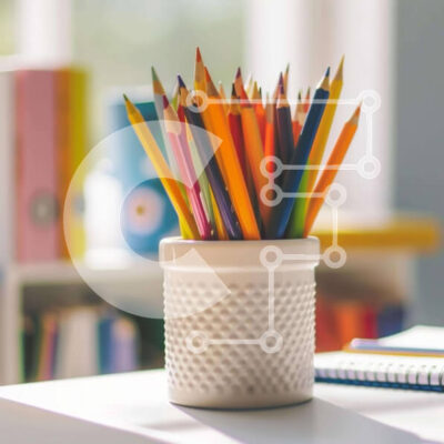 Intra Συλλεκτικό Ξύλινο Παζλ Plywood  4mm - Πολύχρωμα μολύβια σε λευκό βάζο σε βιβλία και χαρτικά Σε Ξύλινο Κουτί - Διαστάσεις Puzzle: 10x10 cm – 25 κομμάτια - Image 1