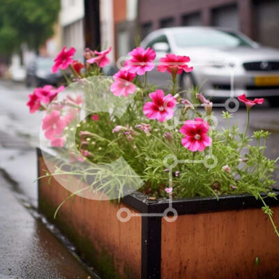 Intra Συλλεκτικό Ξύλινο Παζλ Plywood  4mm - Ροζ λουλούδια σε κουτί φυτευτών στο πεζοδρόμιο με διερχόμενα αυτοκίνητα Σε Ξύλινο Κουτί - Διαστάσεις: 10x10 cm – 25 κομμάτια - Image 1