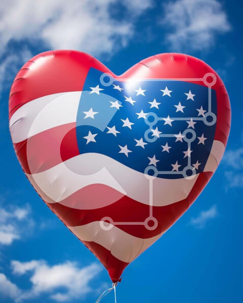 Intra Συλλεκτικό Ξύλινο Παζλ Plywood  4mm - Κόκκινο, λευκό και μπλε μπαλόνι σε σχήμα καρδιάς με σχέδιο αμερικανικής σημαίας Σε Ξύλινο Κουτί - Διαστάσεις: 10x10 cm – 25 κομμάτια