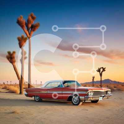 Intra Συλλεκτικό Ξύλινο Παζλ Plywood  4mm - Κλασικό κόκκινο αυτοκίνητο στην έρημο με τους φοίνικες Σε Ξύλινο Κουτί - Διαστάσεις Puzzle: 10x10 cm – 25 κομμάτια - Image 1