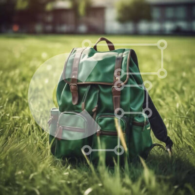 Intra Συλλεκτικό Ξύλινο Παζλ Plywood  4mm - Πράσινο σακίδιο πλάτης στο γρασίδι με καφέ δερμάτινα λουριά Σε Ξύλινο Κουτί - Διαστάσεις: 10x10 cm – 25 κομμάτια - Image 1