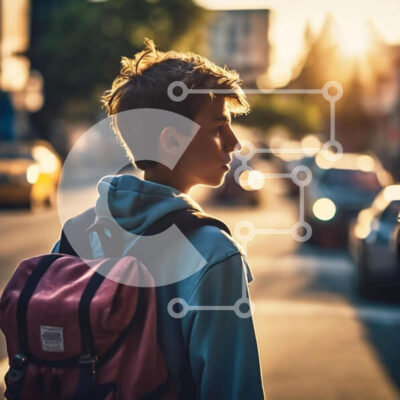 Intra Συλλεκτικό Ξύλινο Παζλ Plywood  4mm - Νεαρό αγόρι που περπατά στο ηλιοβασίλεμα με σακίδιο Σε Ξύλινο Κουτί - Διαστάσεις Puzzle: 10x10 cm – 25 κομμάτια - Image 1