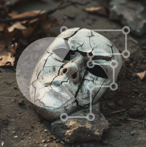 Intra Συλλεκτικό Ξύλινο Παζλ Plywood  4mm - Σπασμένη μάσκα στο έδαφος με βράχους και φύλλα Σε Ξύλινο Κουτί - Διαστάσεις Puzzle: 10x10 cm – 25 κομμάτια - Image 1