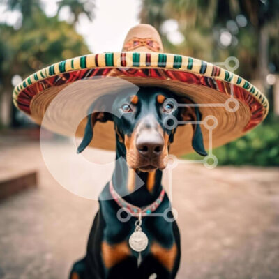 Intra Συλλεκτικό Ξύλινο Παζλ Plywood  4mm - Σκύλος Ντόμπερμαν που φορά μεξικάνικο καπέλο σομπρέρο Σε Ξύλινο Κουτί - Διαστάσεις: 10x10 cm – 25 κομμάτια - Image 1