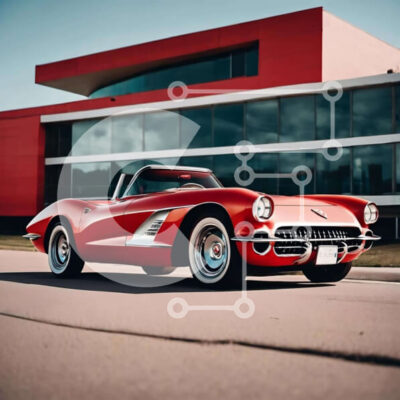 Intra Συλλεκτικό Ξύλινο Παζλ Plywood 4mm - Κόκκινο σπορ αυτοκίνητο σταθμευμένο μπροστά από το σύγχρονο κτήριο Σε Ξύλινο Κουτί - Διαστάσεις Puzzle: 10x10 cm – 25 κομμάτια - Image 1