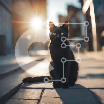 Intra Συλλεκτικό Ξύλινο Παζλ Plywood  4mm - Μαύρη γάτα που κάθεται στο πεζοδρόμιο σε αστικό περιβάλλον Σε Ξύλινο Κουτί - Διαστάσεις: 10x10 cm – 25 κομμάτια - Image 1