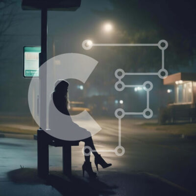 Intra Συλλεκτικό Ξύλινο Παζλ Plywood  4mm - Γυναίκα κάθεται σε υπαίθριο παγκάκι τη νύχτα με στάση λεωφορείου στο παρασκήνιο Σε Ξύλινο Κουτί - Διαστάσεις Puzzle: 10x10 cm – 25 κομμάτια - Image 1