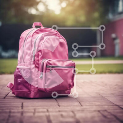 Intra Συλλεκτικό Ξύλινο Παζλ Plywood  4mm - Ροζ σακίδιο πλάτης στο πεζοδρόμιο μπροστά από δέντρα Σε Ξύλινο Κουτί - Διαστάσεις: 10x10 cm – 25 κομμάτια - Image 1