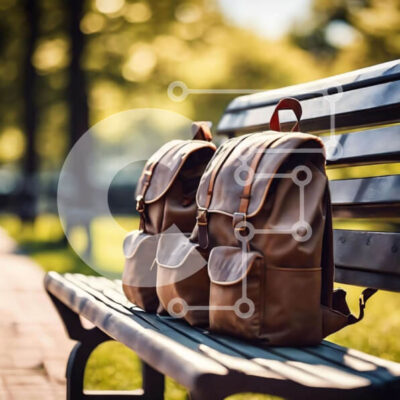 Intra Συλλεκτικό Ξύλινο Παζλ Plywood  4mm - Δύο καφέ σακίδια πλάτης σε ξύλινο πάγκο στο πάρκο Σε Ξύλινο Κουτί - Διαστάσεις Puzzle: 10x10 cm – 25 κομμάτια - Image 1