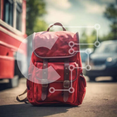 Intra Συλλεκτικό Ξύλινο Παζλ Plywood  4mm - Κόκκινο σακίδιο πλάτης σε αστικό περιβάλλον με αυτοκίνητα και λεωφορεία Σε Ξύλινο Κουτί - Διαστάσεις: 10x10 cm – 25 κομμάτια - Image 1