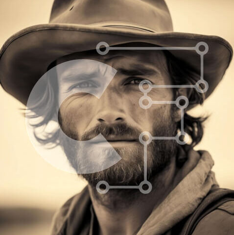 Intra Συλλεκτικό Ξύλινο Παζλ Plywood  4mm - Γενειοφόρος άνδρας με καπέλο καουμπόη που κοιτάζει την κάμερα Σε Ξύλινο Κουτί - Διαστάσεις Puzzle: 10x10 cm – 25 κομμάτια - Image 1