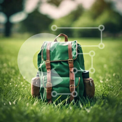 Intra Συλλεκτικό Ξύλινο Παζλ Plywood  4mm - Εγκαταλελειμμένο πράσινο σακίδιο πλάτης στο γρασίδι Σε Ξύλινο Κουτί - Διαστάσεις: 10x10 cm – 25 κομμάτια - Image 1