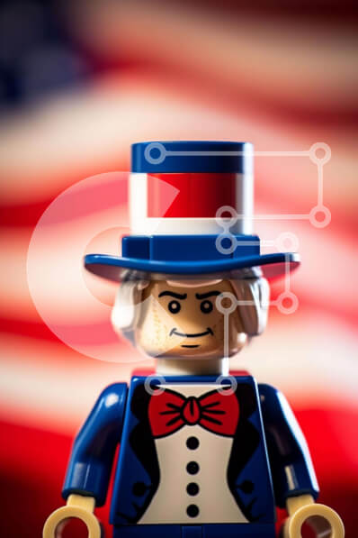 Intra Συλλεκτικό Ξύλινο Παζλ Plywood  4mm - Φιγούρα Lego μπροστά από την αμερικανική σημαία για τον εορτασμό της 4ης Ιουλίου Σε Ξύλινο Κουτί - Διαστάσεις: 10x10 cm – 25 κομμάτια