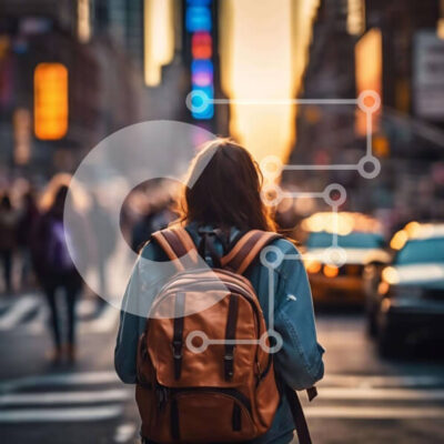 Intra Συλλεκτικό Ξύλινο Παζλ Plywood  4mm - Γυναίκα που διασχίζει την οδό της πόλης με το σακίδιο πλάτης Σε Ξύλινο Κουτί - Διαστάσεις Puzzle: 10x10 cm – 25 κομμάτια - Image 1