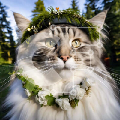 Intra Συλλεκτικό Ξύλινο Παζλ Plywood  4mm - Γκρι και άσπρη γάτα με ανθοσύνθεση στο κεφάλι Σε Ξύλινο Κουτί - Διαστάσεις: 10x10 cm – 25 κομμάτια - Image 1