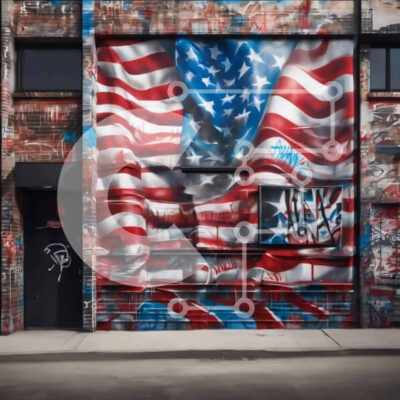 Intra Συλλεκτικό Ξύλινο Παζλ Plywood 4mm - Αμερικανική σημαία ζωγραφισμένη σε κτήριο από τούβλα με γκράφιτι Σε Ξύλινο Κουτί - Διαστάσεις Puzzle: 10x10 cm – 25 κομμάτια - Image 1