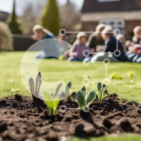 Intra Συλλεκτικό Ξύλινο Παζλ Plywood  4mm - Νεαρά φυτά που φυτρώνουν σε έναν κήπο με ανθρώπους στο παρασκήνιο Σε Ξύλινο Κουτί - Διαστάσεις: 10x10 cm – 25 κομμάτια