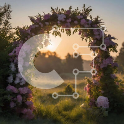 Intra Συλλεκτικό Ξύλινο Παζλ Plywood  4mm - Αψίδα με ροζ λουλούδια στο ηλιοβασίλεμα Σε Ξύλινο Κουτί - Διαστάσεις Puzzle: 10x10 cm – 25 κομμάτια - Image 1