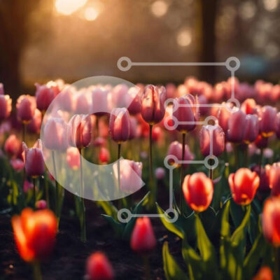 Intra Συλλεκτικό Ξύλινο Παζλ Plywood 4mm - Πεδίο με ροζ τουλίπες στο ηλιοβασίλεμα Σε Ξύλινο Κουτί - Διαστάσεις: 10x10 cm – 25 κομμάτια - Image 1