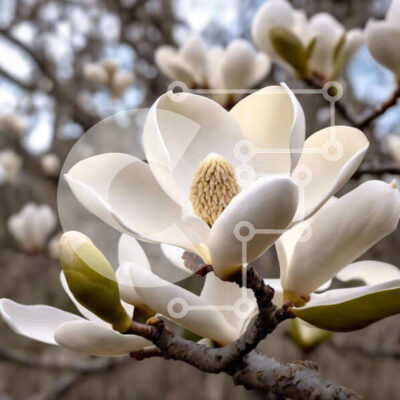 Intra Συλλεκτικό Ξύλινο Παζλ Plywood 4mm - Λευκό λουλούδι μανόλιας που ανθίζει σε κλαδιά βελανιδιάς Σε Ξύλινο Κουτί - Διαστάσεις: 10x10 cm – 25 κομμάτια - Image 1